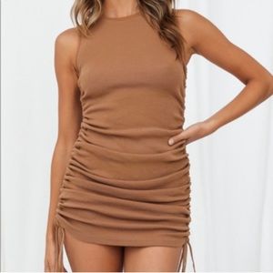 Lioness Military Minds Ruched Mini‎ Bodycon Adjustable Tank Dress Sz XL, Camel
